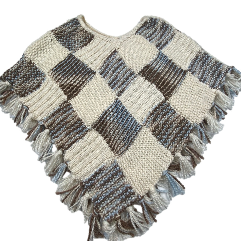 NEW! Handmade Knit Poncho Cable Knit Patches Tassels Cream Grey Blue Brown Med